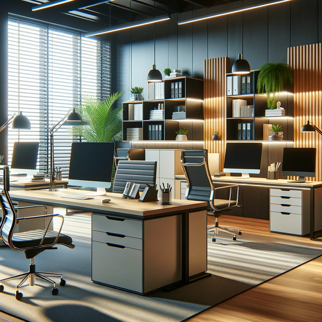 DALL·E 2023-11-30 16.51.14 - A contemporary office setting featuring modern and ergonomic office furniture from Tekkashop. The scene should include stylish and functional desks, e