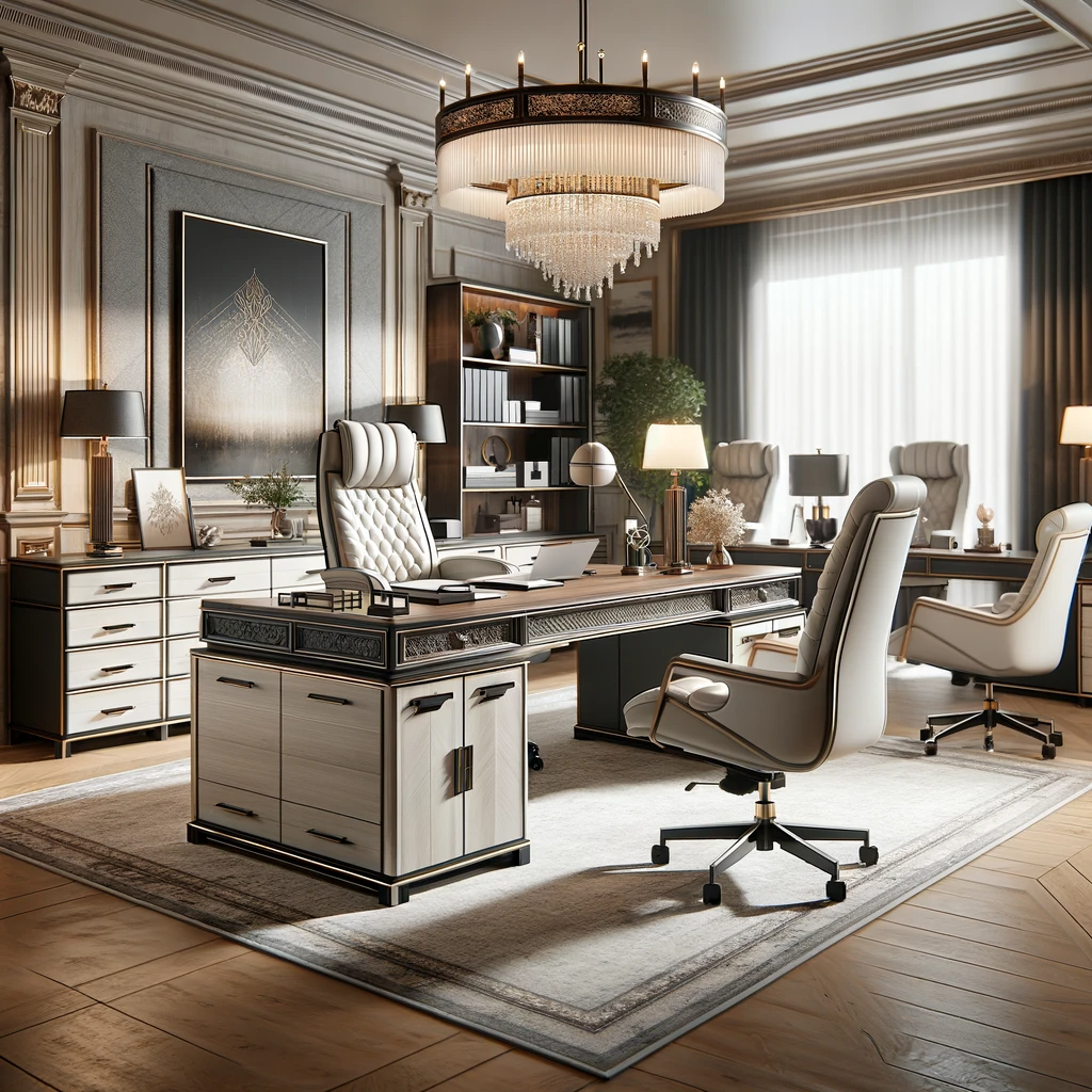 DALL·E 2023-11-30 16.58.28 - A sophisticated office setting featuring elegant and high-quality office furniture from Ashley Furniture. The scene should include stylish desks, plus