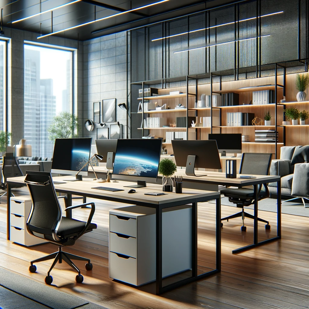 DALL·E 2023-11-30 17.00.56 - A modern and functional office environment featuring the innovative office furniture from Apex. The scene should include sleek and ergonomic desks, co