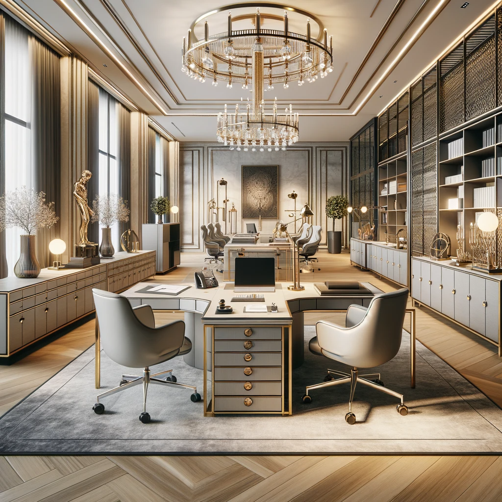 DALL·E 2023-11-30 17.04.54 - An elegant office space showcasing the sophisticated office furniture from Lorenzo International. The scene should include luxurious desks, high-end o