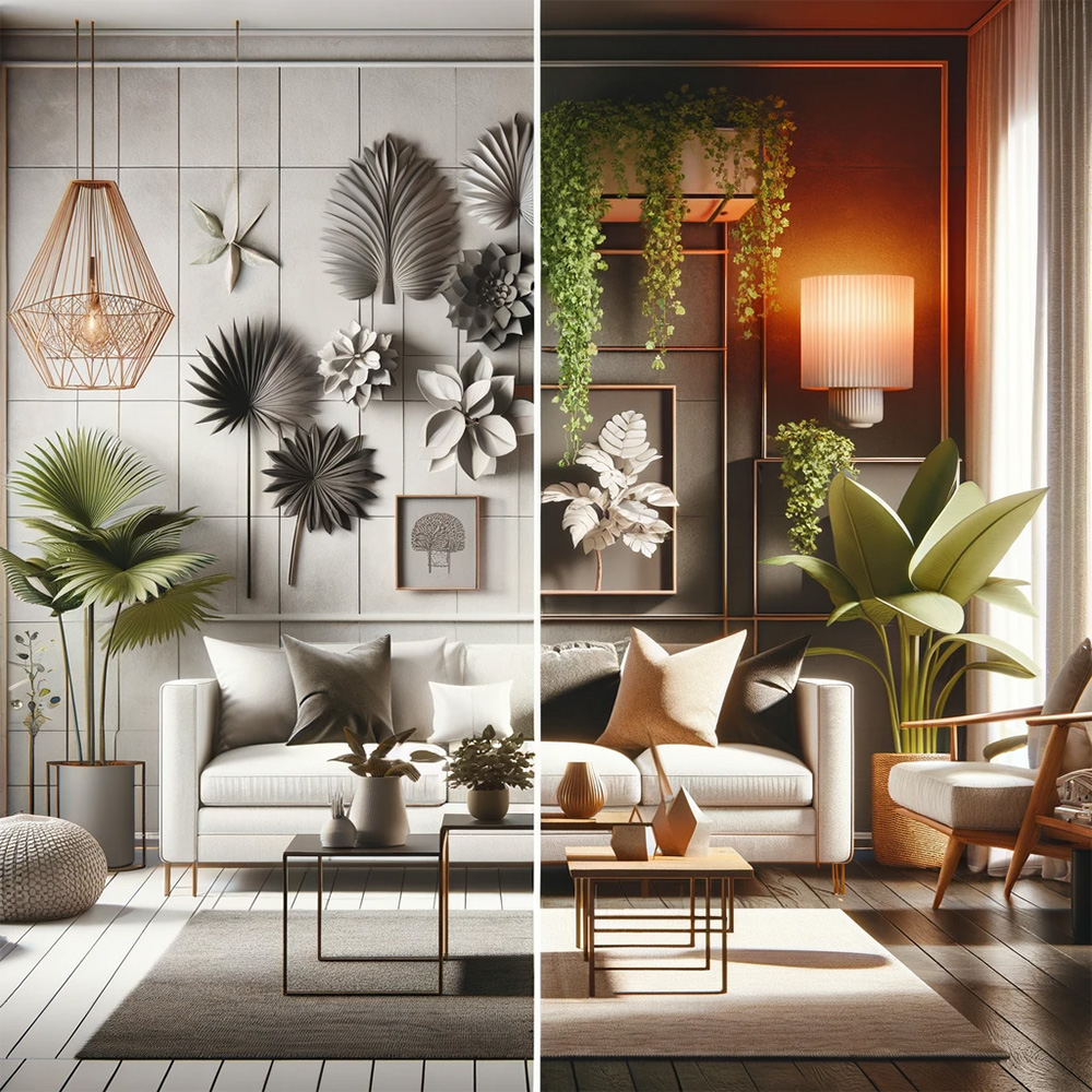 a split comparison image with two contrasting living room styles where one has sleek geometric artificial plant and the other has lush, leafy plants