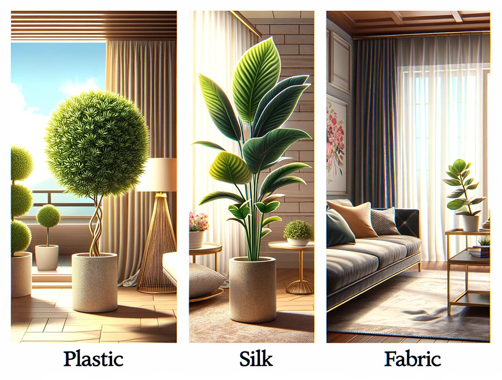 3 materials to make artificial plants - silk, fabric, plastic 