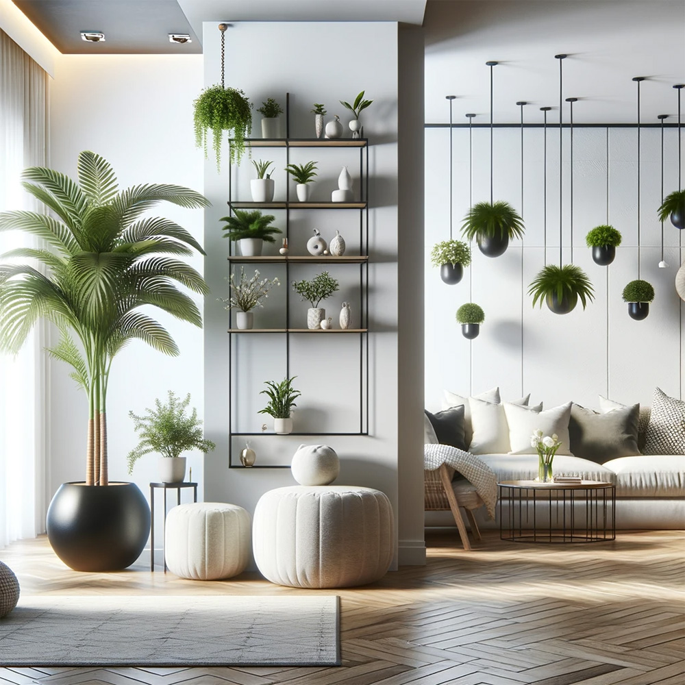 placement and arrangement of artificial plants inside the living room
