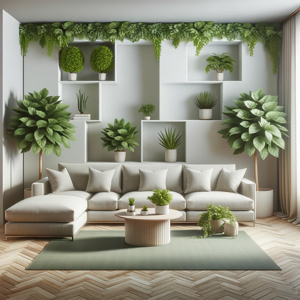 oversized artificial plants in a living room