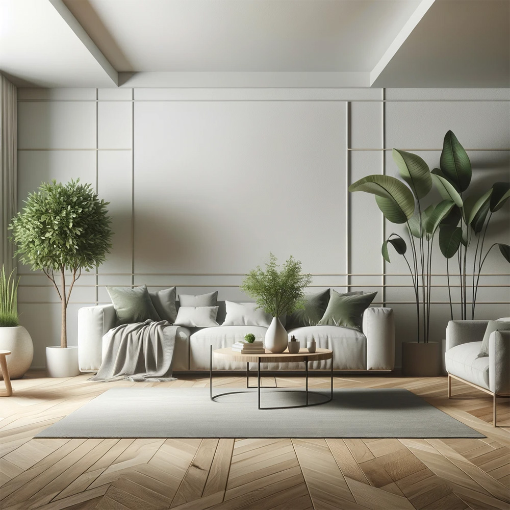 green artificial plants in a minimalistic design living room