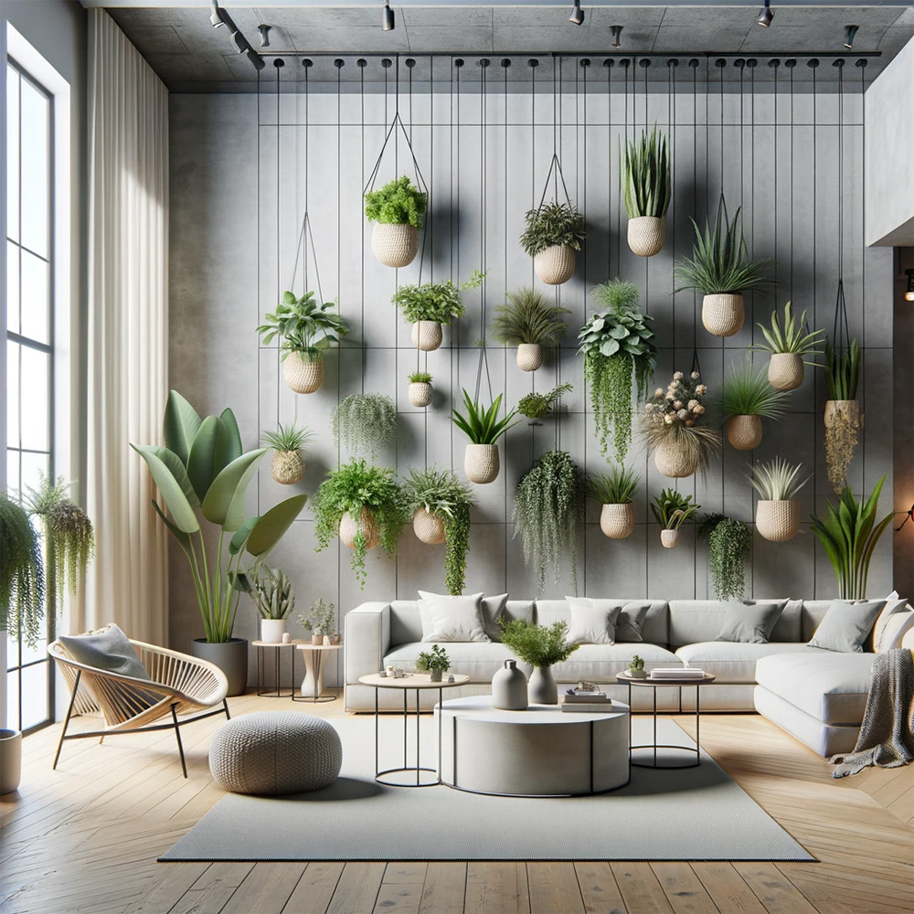 hanging and wall-mounted artificial plants in a living room