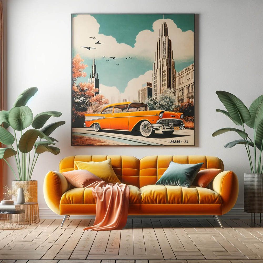 retro-design sofa bed in washed orange with artificial plants