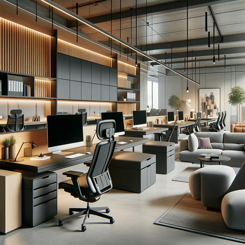 modern stylish office setting with ergonomic office chairs and workstations 