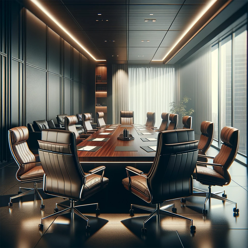 a meeting room with a wooden office meeting table surrounded by leather office chairs