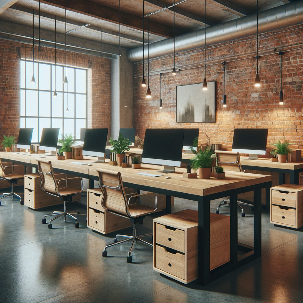 an industrial office layout with brick walls and wooden workstations 