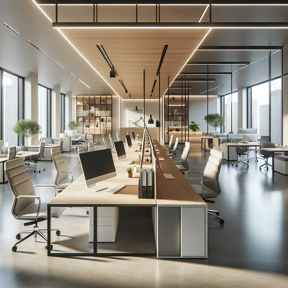 a contemporary office setting with office furnitures like office tables and chairs