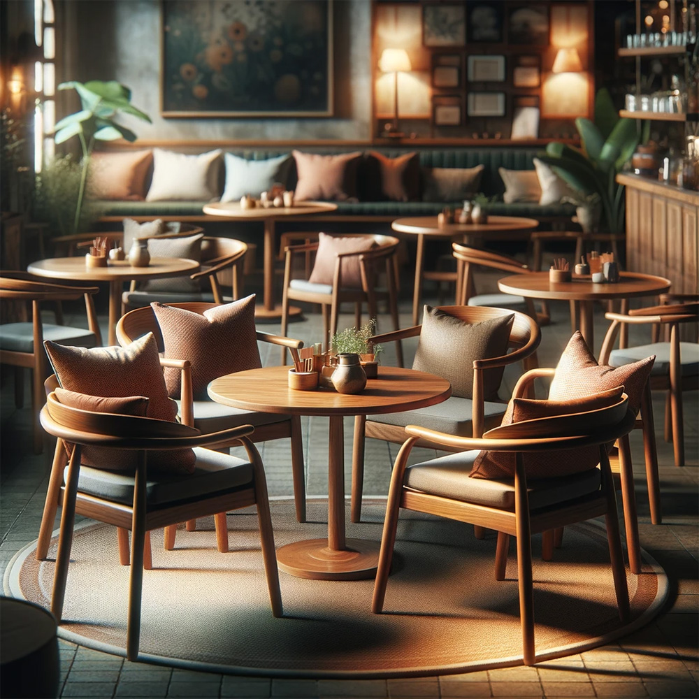 cafe with wooden dining chairs with fabric cushions and round tables