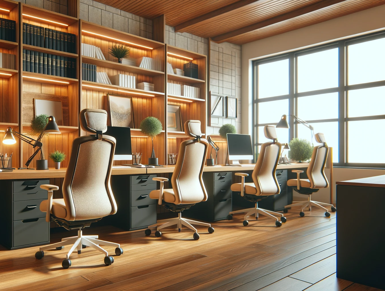 DALL·E 2023-12-19 14.36.15 - A warm and inviting law firm office interior, featuring four ergonomic office chairs at four distinct workstations. The office exudes a cozy and welco