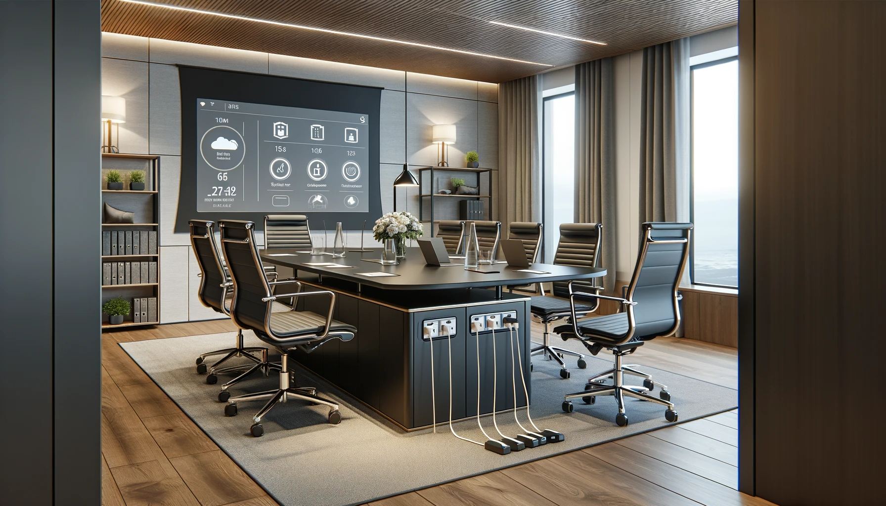 DALL·E 2023-12-19 14.54.51 - A small conference room in an office, featuring a compact conference table equipped with charging ports. The table is ideal for smaller group meetings