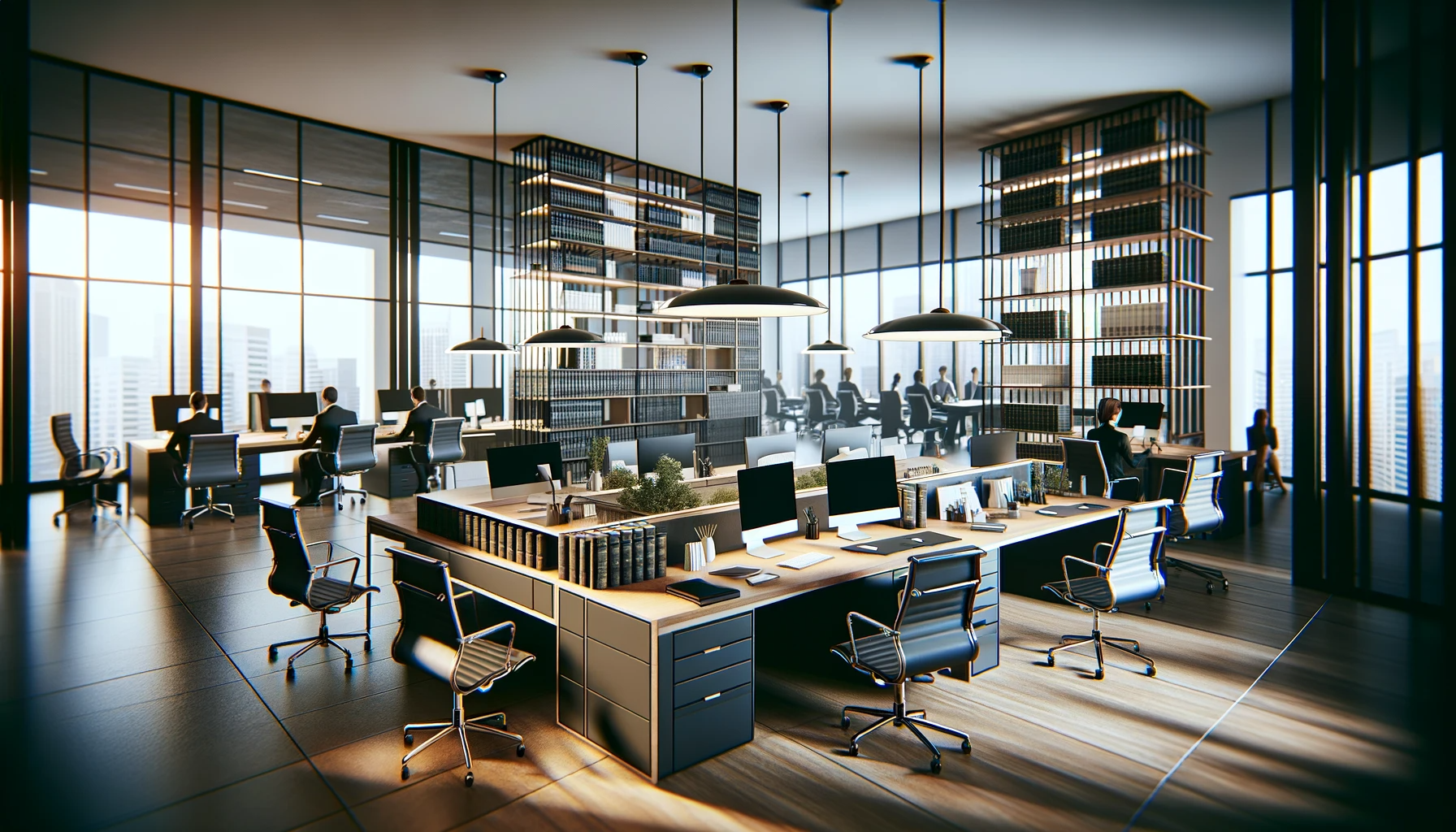 DALL·E 2023-12-19 15.44.38 - An image of a collaborative workstation in a law firm office. The setting should include a spacious area with multiple desks arranged to facilitate te