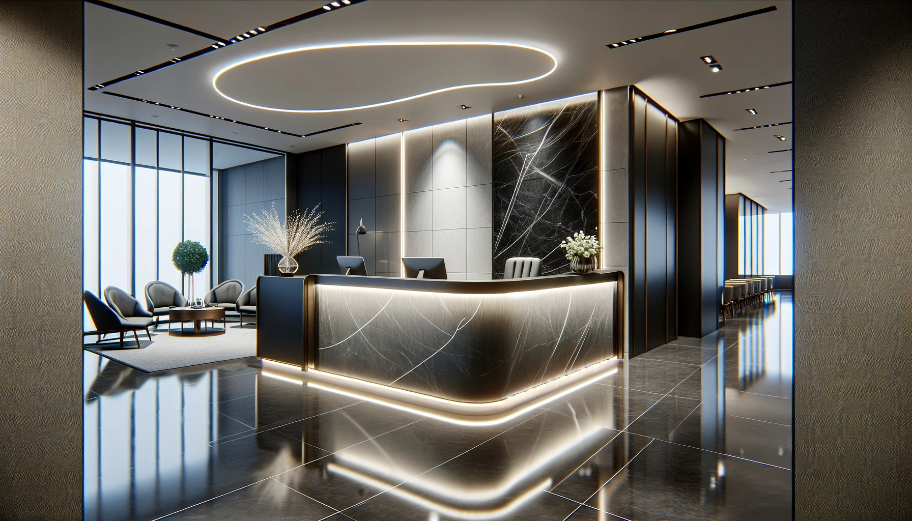 DALL·E 2023-12-19 15.54.02 - A stylish and modern corporate reception desk in a law firm setting. The desk is elegantly designed, exuding a sophisticated and professional look tha