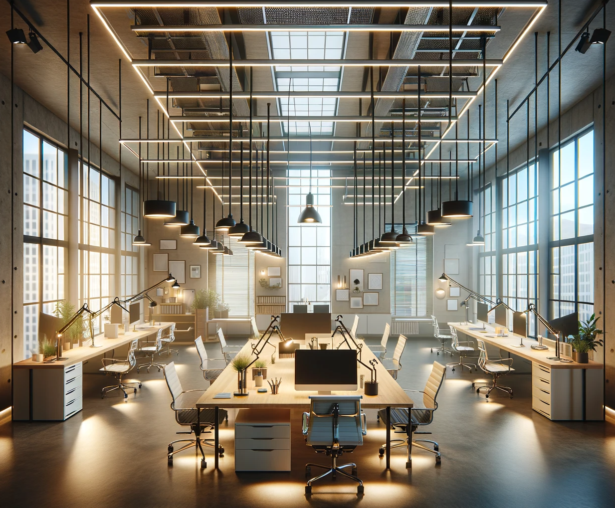 DALL·E 2023-12-19 16.33.56 - An image of an office space with adjustable lighting. The office is designed with a variety of lighting options that can be adjusted to suit different