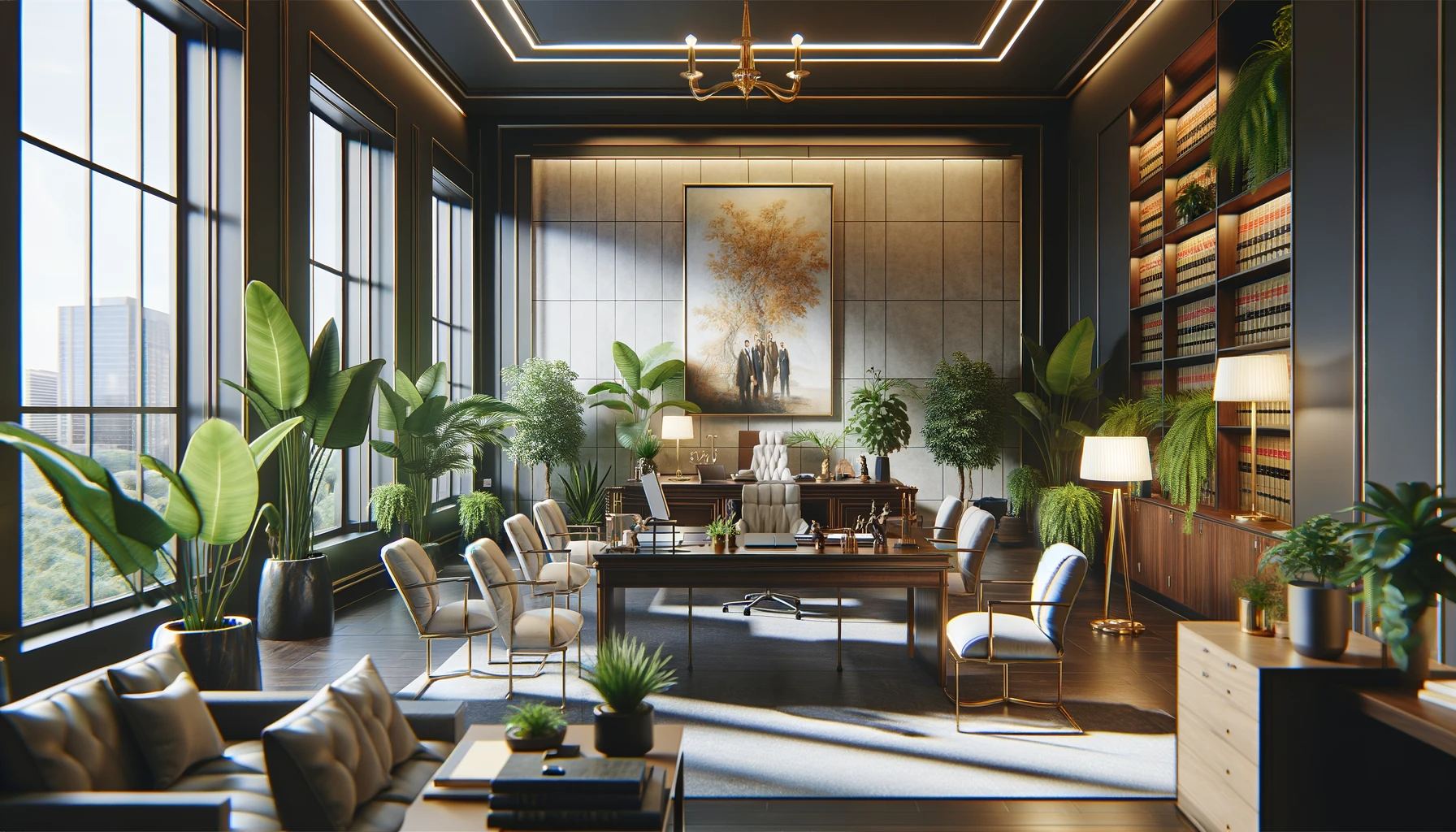 DALL·E 2023-12-19 16.45.19 - An image of a law firm office interior elegantly decorated with artwork and indoor plants. The setting should showcase a professional yet aestheticall