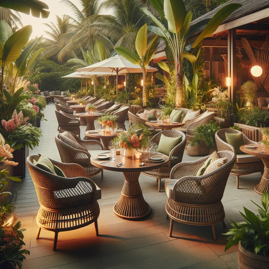 DALL·E 2023-12-19 18.46.02 - Tropical-inspired outdoor restaurant setting featuring wicker furniture sets. The scene includes elegantly designed wicker chairs and tables, arranged
