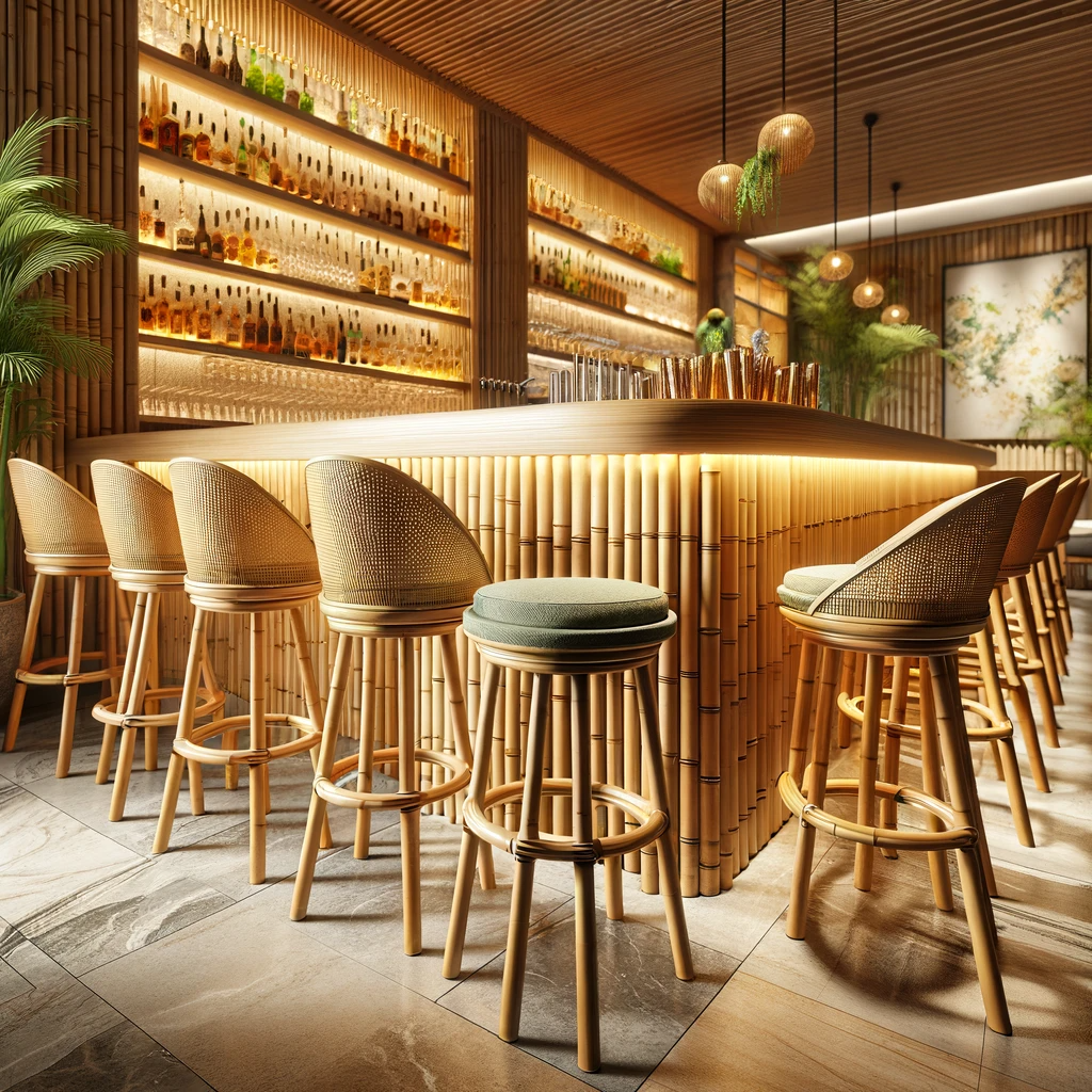 DALL·E 2023-12-19 19.03.55 - A stylish bar featuring bamboo bar stools and a bamboo countertop, set in a cozy and inviting ambiance. The bar is well-lit, showcasing the natural te