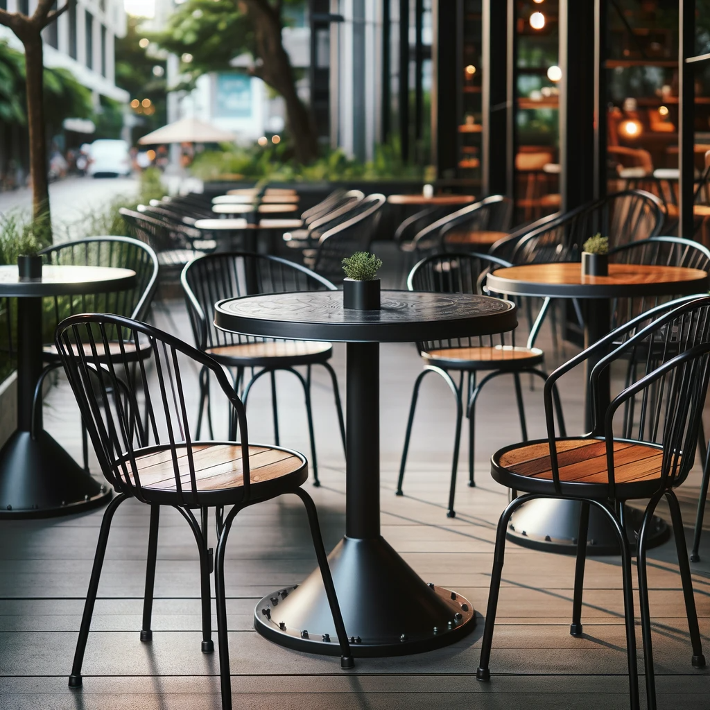 DALL·E 2023-12-19 23.43.31 - An outdoor cafe featuring black industrial metal chairs with wooden seats and black metal table legs supporting round table tops. The setting is styli