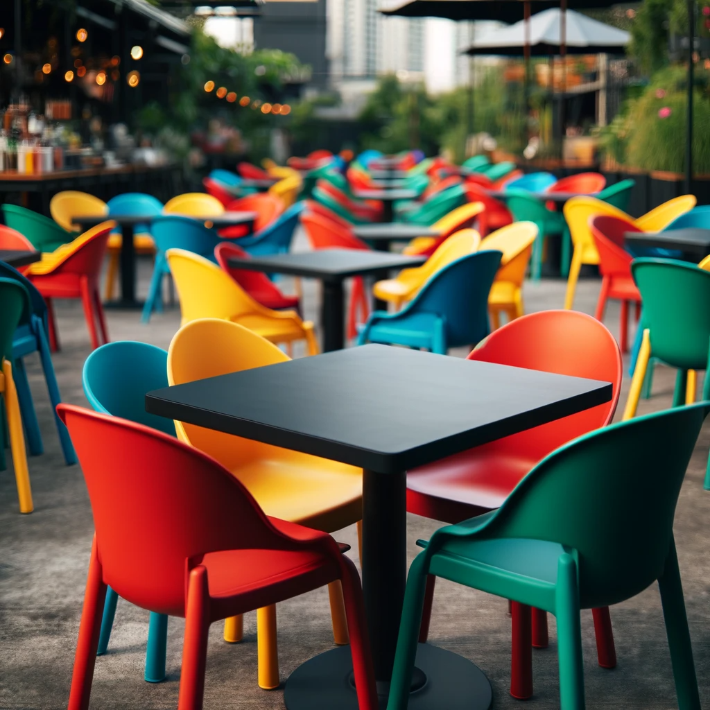 DALL·E 2023-12-20 00.09.21 - An outdoor cafe with a vibrant and colorful setting, featuring red, yellow, green, and blue plastic chairs placed around black square table tops. The 