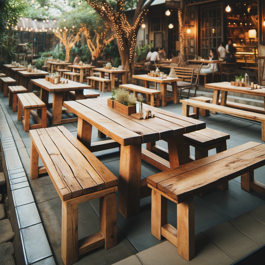 DALL·E 2023-12-20 00.12.53 - An outdoor cafe with wooden bench seating, creating a rustic and communal dining atmosphere. The benches are crafted from natural wood, showcasing a s