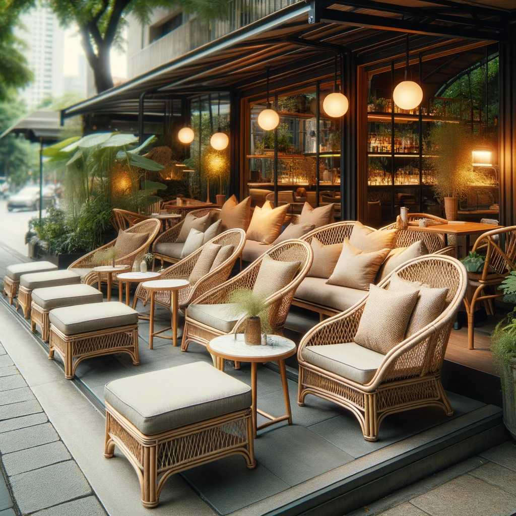 DALL·E 2023-12-20 00.21.49 - An outdoor booth outside a cafe featuring rattan lounge chairs, providing a relaxed and luxurious seating area. The lounge chairs are elegantly crafte