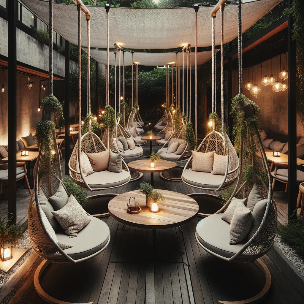 DALL·E 2023-12-20 00.27.43 - A charming outdoor cafe with around five hanging swing seats, creating an intimate and playful seating arrangement. The swings are elegantly designed 