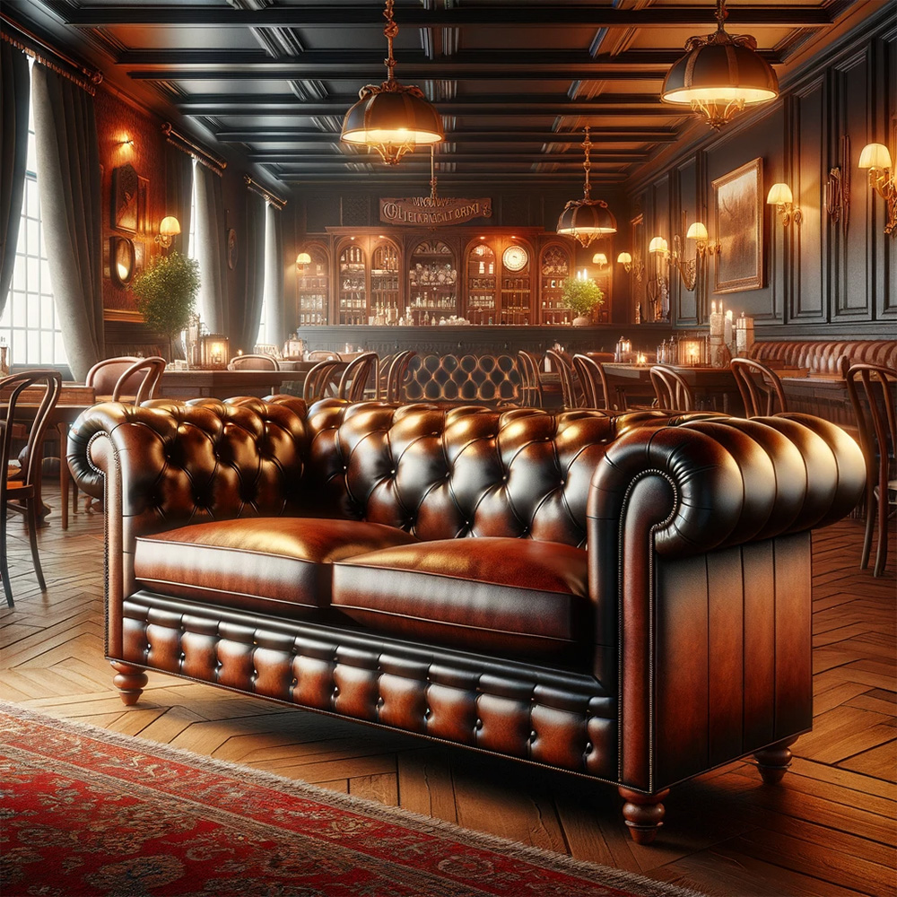 chesterfield sofa inside an english-themed restaurant