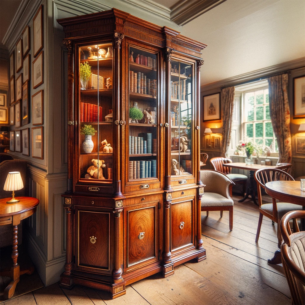 small georgian bookcase made from wood in an english-interior restaurant