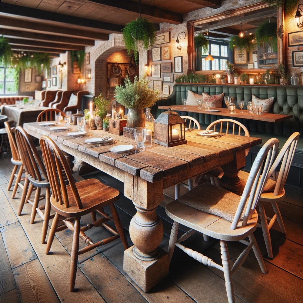 rustic farmhouse table in english interior restaurant