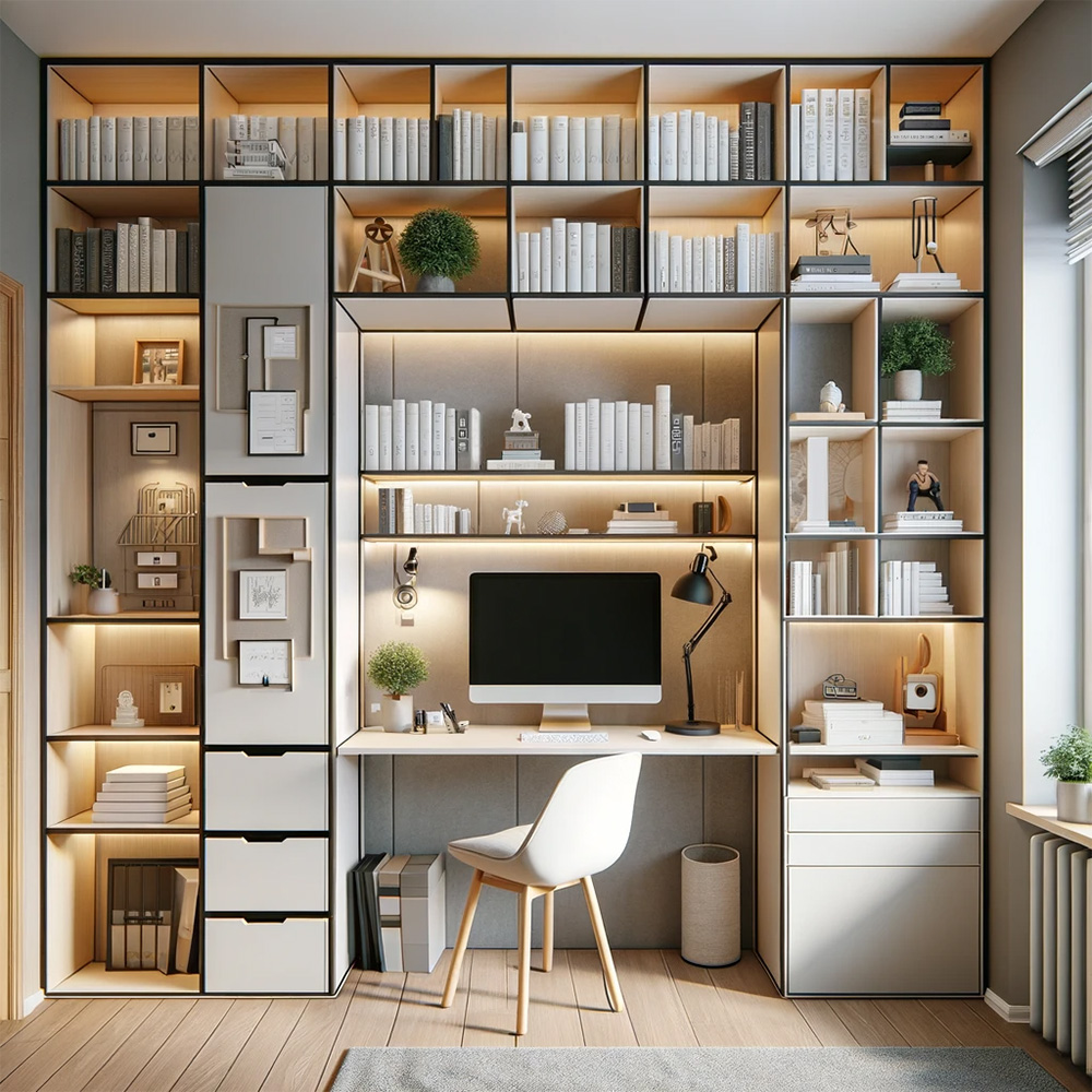 open shelving unit and storage at a small home office in johor bahru