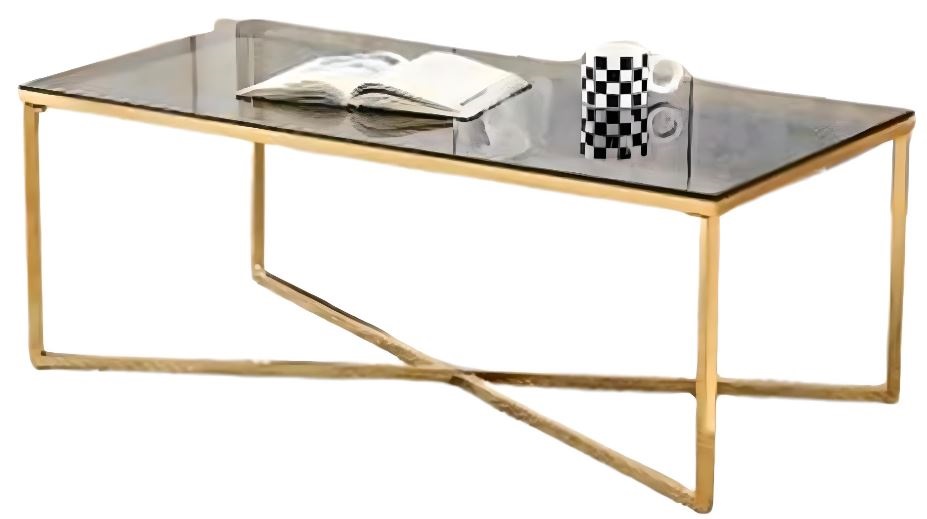 rectangular contemporary design coffee table with glass top and golden metallic frame