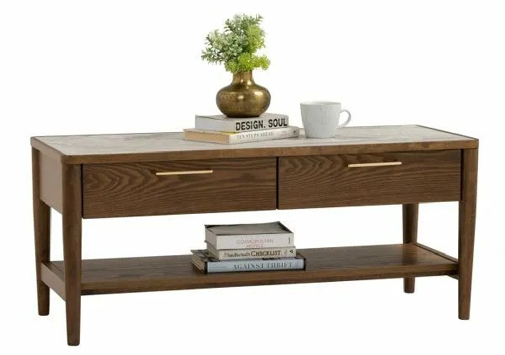 dark brown contemporary farmhouse coffee table with rustic finish and pullout drawers