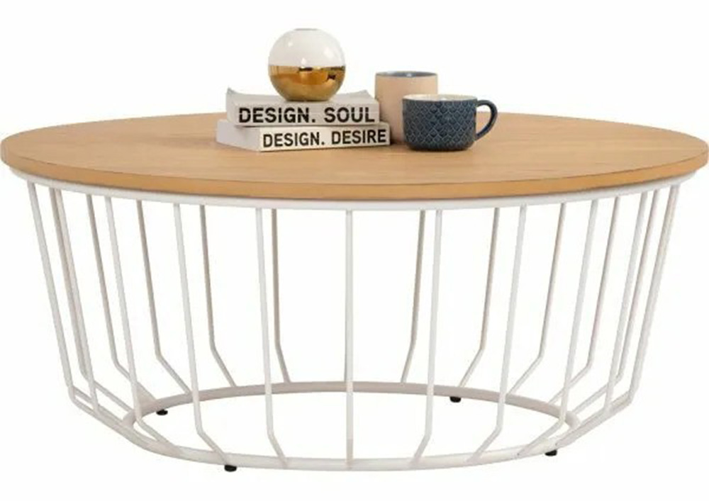 scandinavian style round coffee table with natural wood top and white wire base leg
