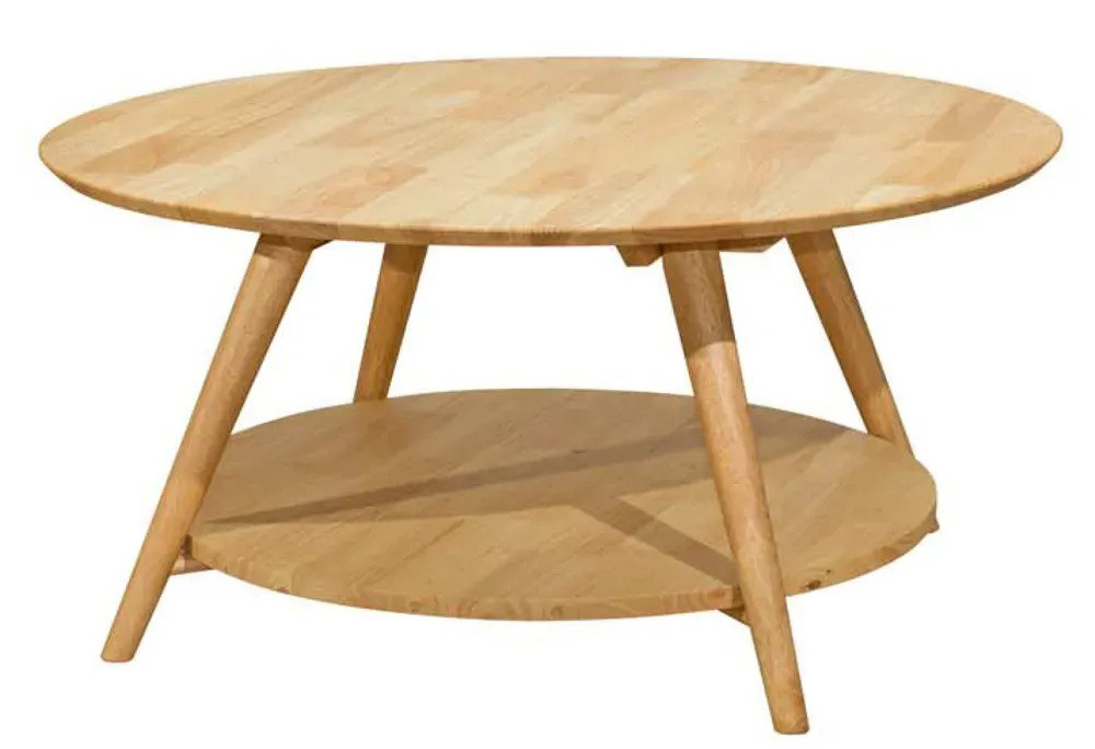 scandinavian style round wooden coffee table with bottom shelf