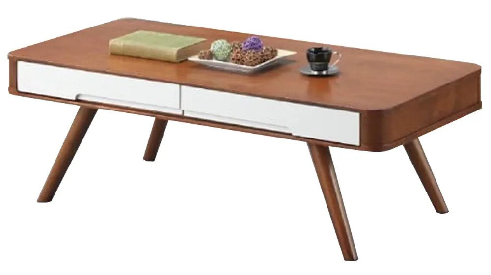 mid century modern coffee table with sleek white drawer and tapered legs