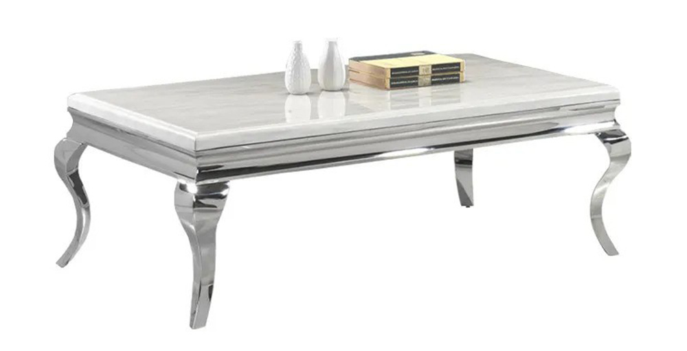 modern baroque style coffee table with marble top and silver finish
