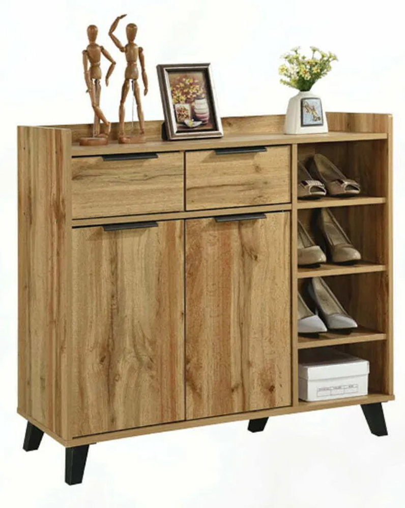 natural wood texture shoe cabinet with 2 doors, 2 drawers and open compartments