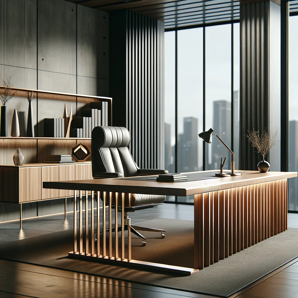 DALL·E 2024-02-15 12.59.27 - A sophisticated director's office featuring a large, modern director's table similar to the one provided. The table is in a spacious room, has a sleek
