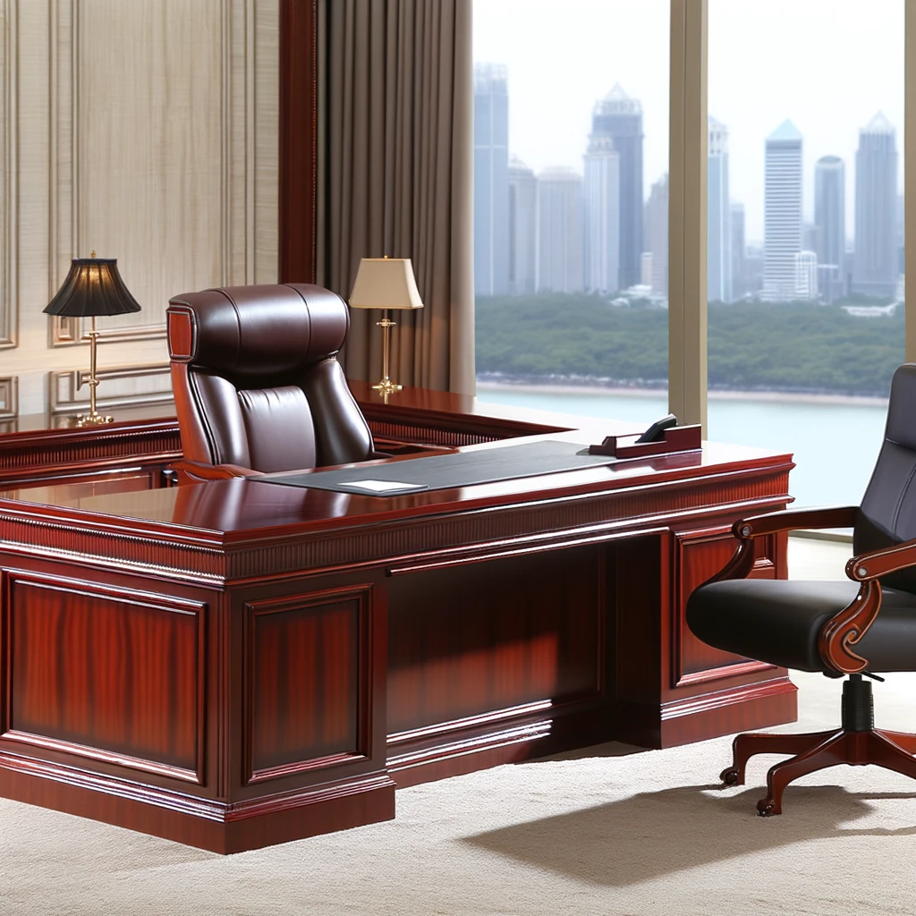 DALL·E 2024-02-15 14.12.43 - An office setting featuring a traditional style director's desk. The desk should be crafted from rich cherry wood with a glossy finish, showcasing a c