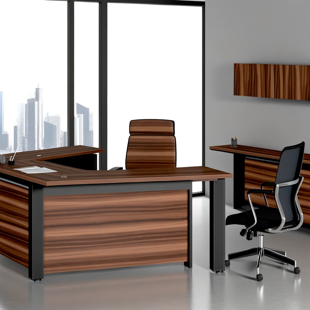 DALL·E 2024-02-15 14.16.57 - An executive office featuring a modern director's desk inspired by the provided image. The desk should have a walnut wood finish with pronounced wood 