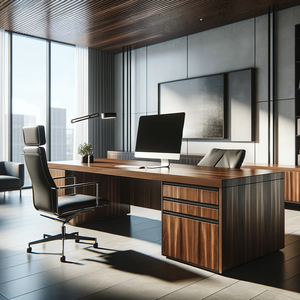 DALL·E 2024-02-15 14.19.09 - Design an image of a sophisticated and modern director's office desk based on the provided example. The desk should have a dark walnut finish with a s