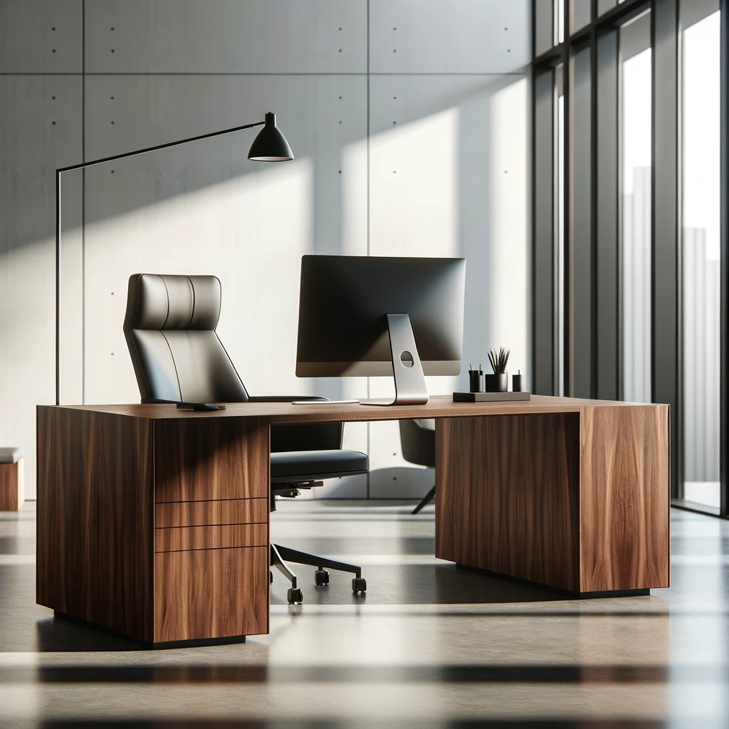 DALL·E 2024-02-15 14.20.49 - Create an image of a contemporary director's desk in a minimalist office setting, based on the provided example. The desk should be made of a rich wal