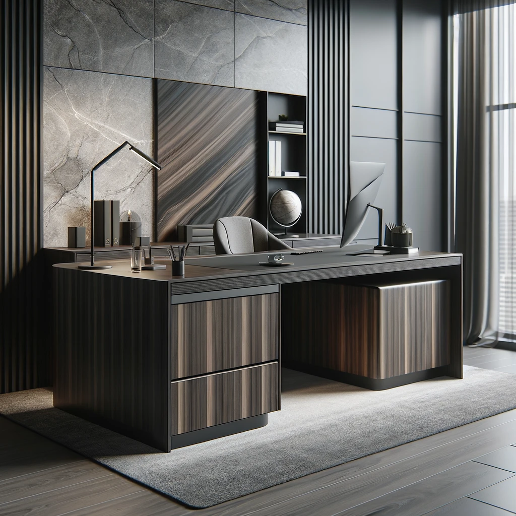 DALL·E 2024-02-15 14.26.24 - Design an image of a modern director's desk without measurements, inspired by the provided example. The desk should have a sleek design with a combina