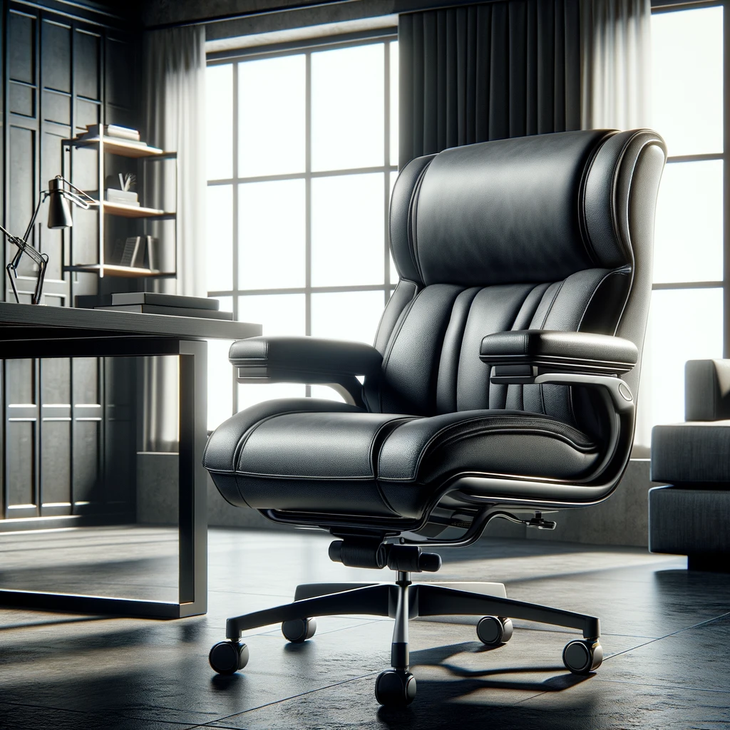 DALL·E 2024-02-20 14.21.32 - A premium leather office chair, showcasing elegance and comfort with a sleek design, adjustable features, and a plush, high-quality leather finish. Th