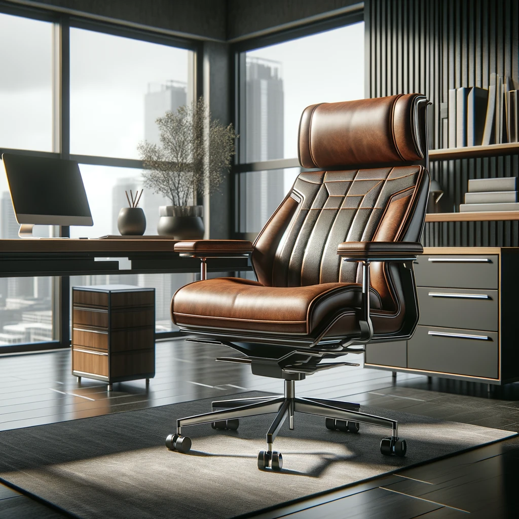 DALL·E 2024-02-20 14.23.31 - A luxurious leather office chair with a modern and sophisticated design, featuring high-quality craftsmanship, ergonomic adjustments, and a rich, supp