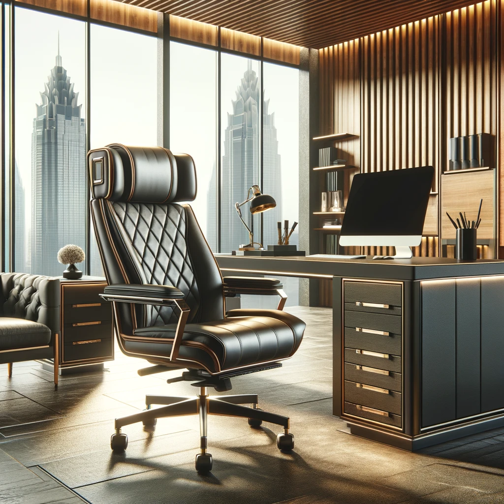 DALL·E 2024-02-20 14.39.48 - An executive leather office chair designed for the modern CEO's office, featuring top-tier craftsmanship, adjustable ergonomic features, and premium l
