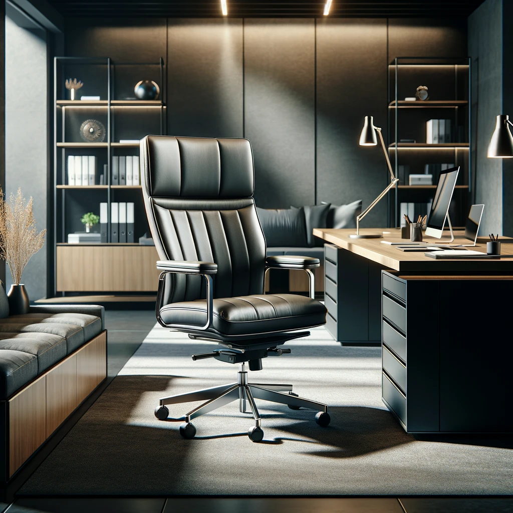 DALL·E 2024-02-20 14.58.35 - A modern managerial leather office chair, designed for both style and comfort, positioned inside an office featuring a directorial office desk. The ch